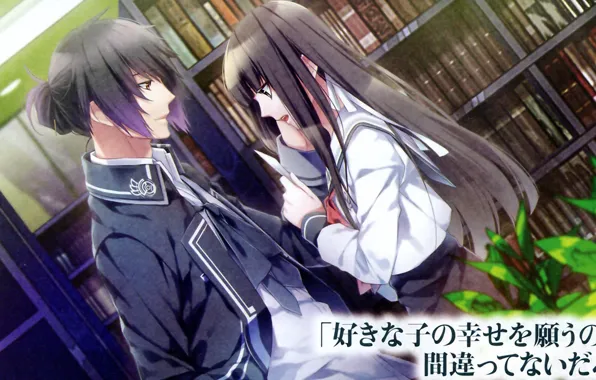 Books, characters, library, two, school uniform, itsuki kagami, mikoto kuga, NORN9
