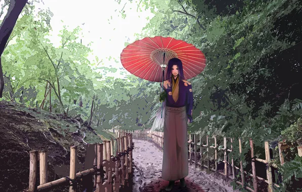 Road, the sky, trees, style, umbrella, Japan, Anime, guy