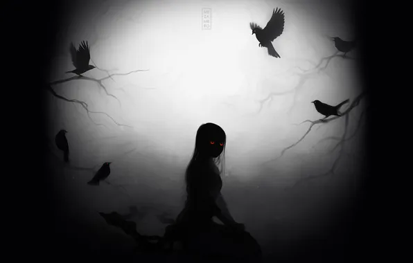 Forest, trees, birds, darkness, Girl, crows, red eyes