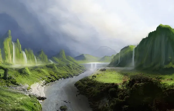 Mountains, river, hills, waterfall, fantasy.the sky