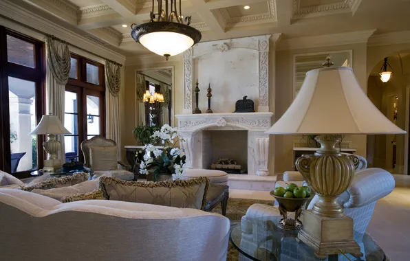 Design, room, lamp, interior, pillow, window, chandelier, fireplace