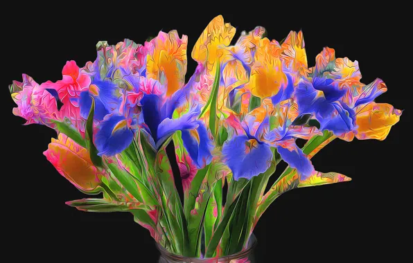 Picture line, flowers, paint, Tulip, bouquet, iris