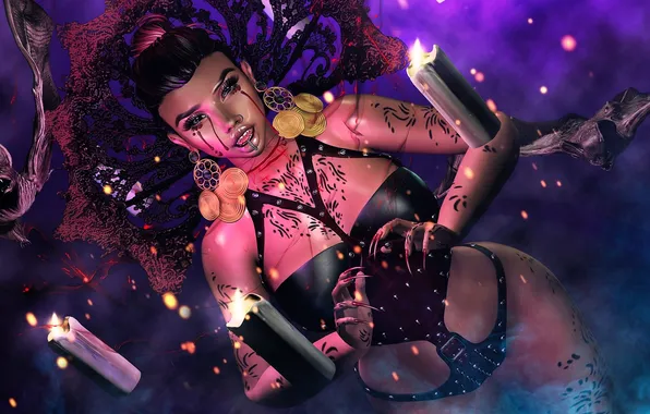 Girl, magic, candles, outfit, claws, bat, witch, witchcraft