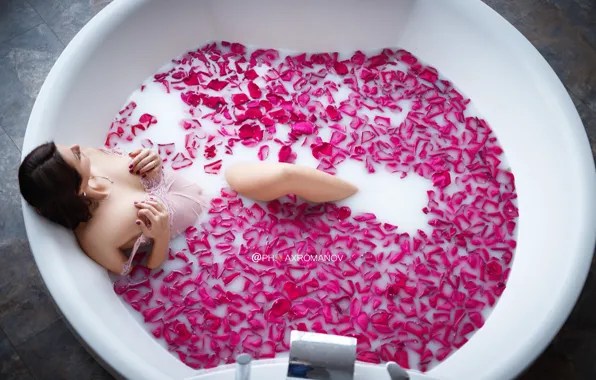 Girl, petals, bath, Maxim Romanov