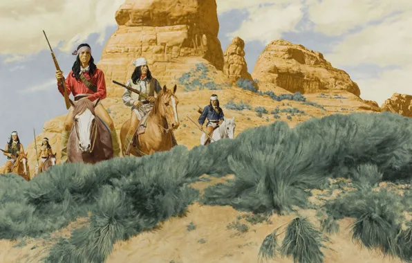 Figure, horses, guns, the Indians, riders