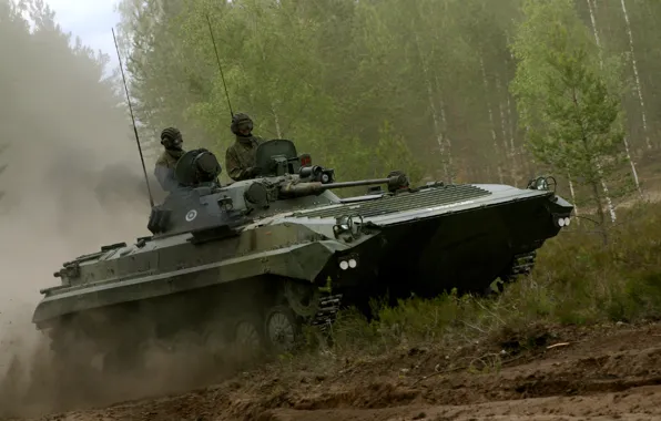 Picture road, forest, trees, smoke, dust, camouflage, BMP-2, tankers