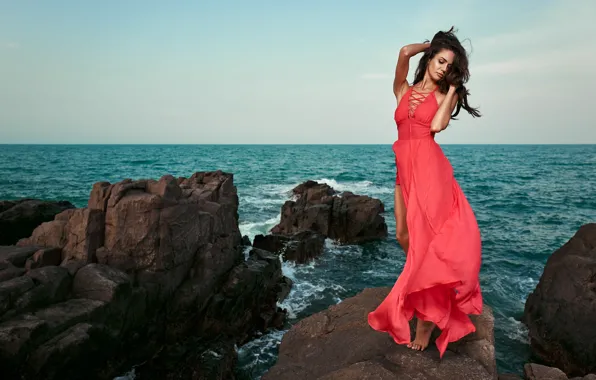 Picture sea, the sky, pose, stones, model, portrait, makeup, figure