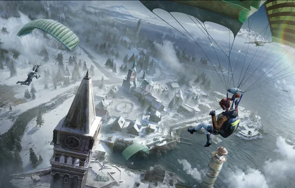 The city, people, parachute, PlayerUnknown's Battlegrounds