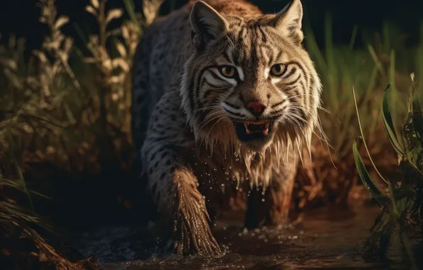 Picture Water, Look, Face, Lynx, Front, Digital art, Big cat, Grin
