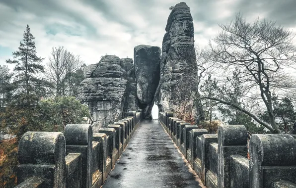 Bridge, wall, rocks, arch