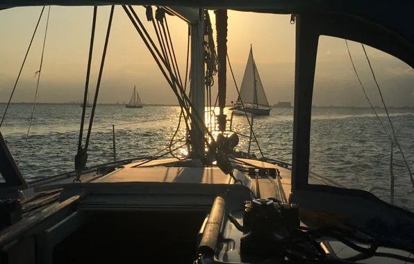 Sunset, the ocean, Bay, yachts, Miami, the evening, walk, sailboats