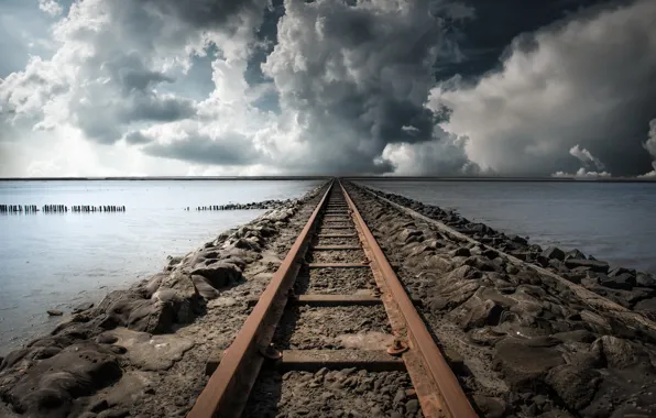 The sky, landscape, lake, railroad