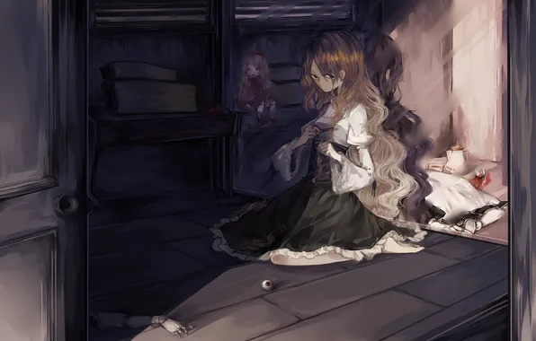 Eyes, girl, room, hair, doll, hands, mirror, art