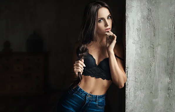 Look, girl, wall, portrait, jeans, figure, navel, brown hair
