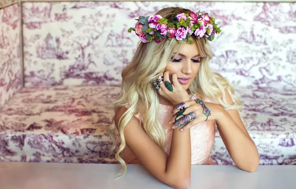 Girl, decoration, face, background, hair, wreath, cutie