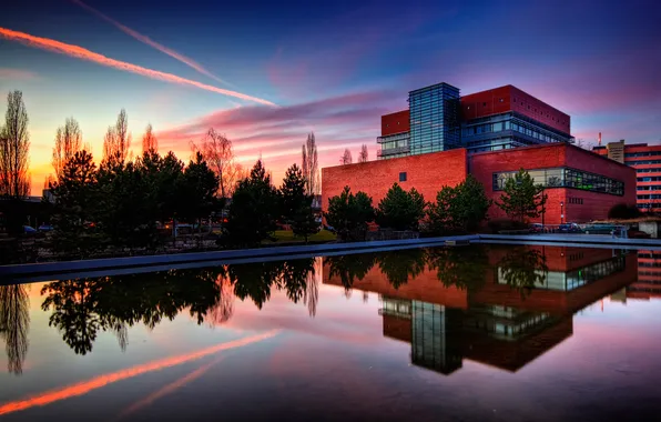 The sky, water, building, home, the evening, mirror
