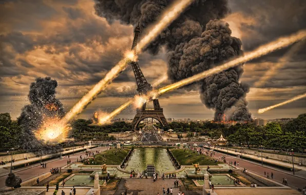 Picture the city, fire, smoke, Eiffel tower, Paris, meteorites, disaster