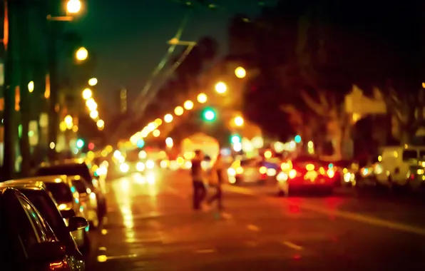 Light, trees, the city, people, street, cars, lamp post