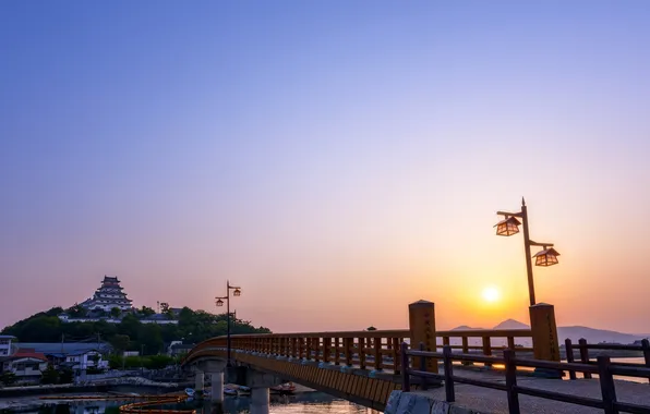 The sky, the sun, bridge, sunrise, castle, dawn, morning, Japan
