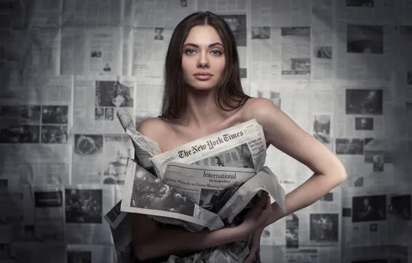 Look, girl, brunette, newspaper