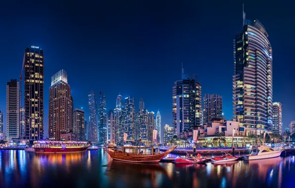 Building, home, boats, Bay, Dubai, night city, Dubai, skyscrapers