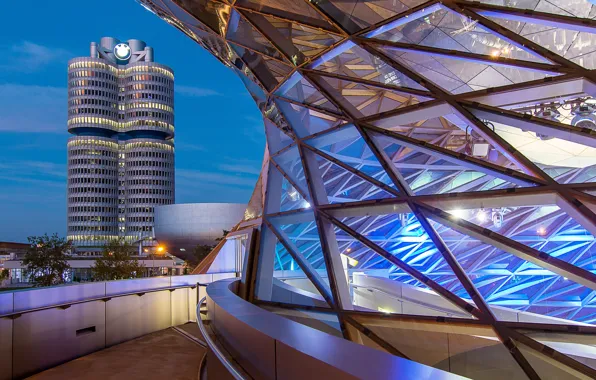 Lights, building, the evening, Germany, Munich, Bayern, Bmw World