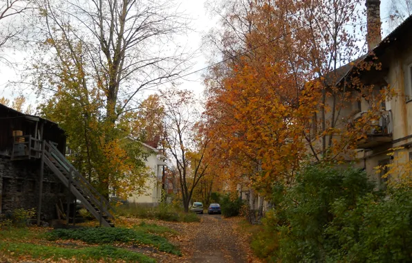 Autumn, falling leaves, patio, Petrozavodsk