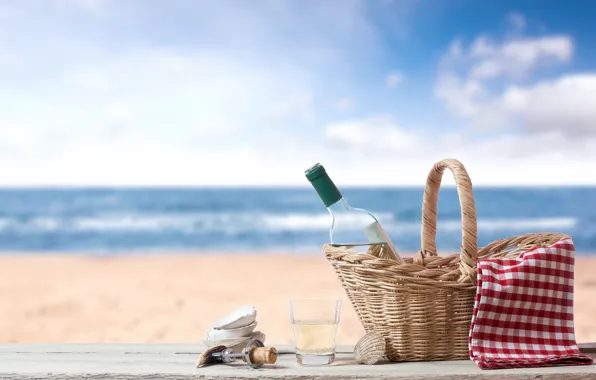 Sand, sea, beach, glass, basket, bottle, tube, shell