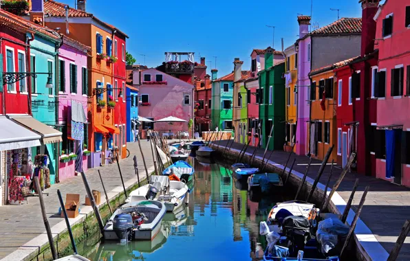 Picture the sky, home, boats, Italy, Venice, channel, Burano island