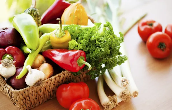 Basket, bow, pepper, tomatoes