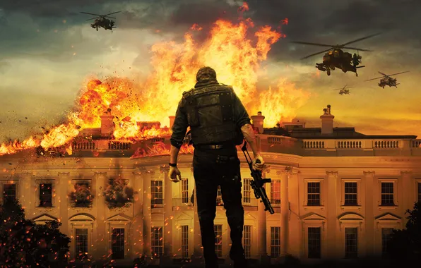 The explosion, fire, people, helicopters, machine, The white house, Olympus Has Fallen, Olympus Has Fallen