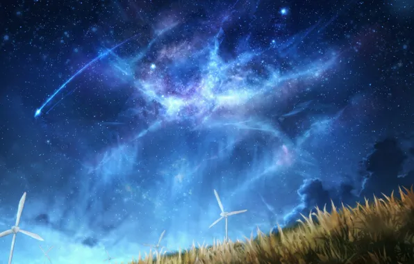 Wallpaper the sky, night, nature, windmills, shooting stars, by CZY