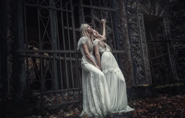 Autumn, wall, gate, two girls, dresses