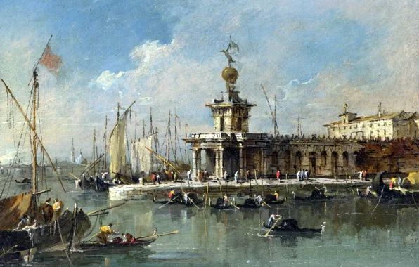 Landscape, boat, Venice, channel, custom, Francesco Guardi, Francesco Lazzaro Guardi, Punta della Dogana