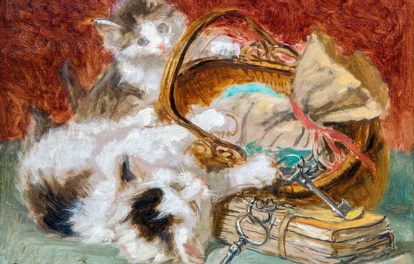 Kittens, Picture, Basket, Two, Keys, Henrietta Ronner-Knipe, Henriette Ronner-Knip, The Belgian artist