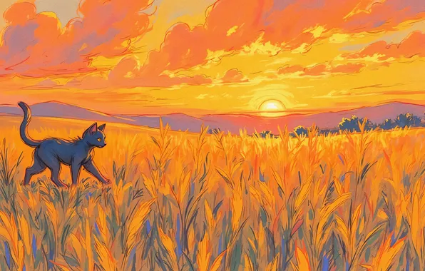Field, cat, cat, leaves, the sun, clouds, sunset, nature