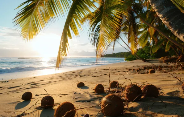 Sand, sea, beach, the sky, leaves, the sun, light, tropics