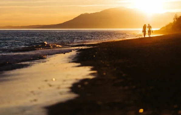 Beach, sunset, lovers, two