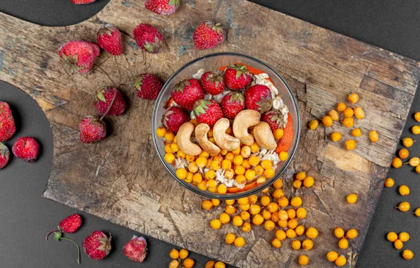 Berries, strawberry, Board, nuts, nuts, strawberry, muesli