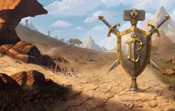 World of Warcraft, game, desert, mountains, weapons, digital art, artwork, shield