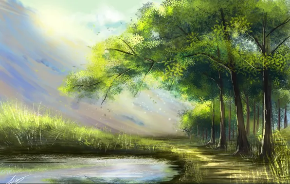 Forest, rays, trees, landscape, nature, lake, art, painting