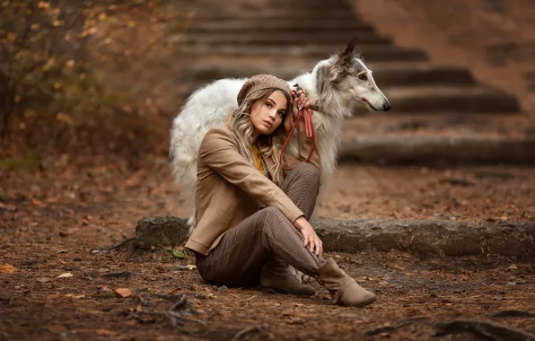 Autumn, girl, pose, dog, Anastasia Barmina