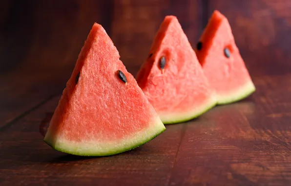 Table, Board, watermelon, pieces, trio, slices, slices, bokeh