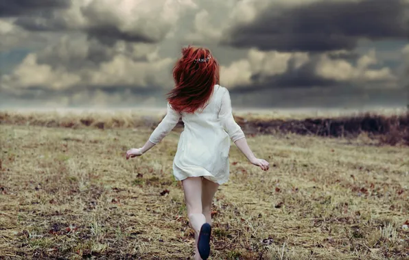 Field, girl, clouds, running