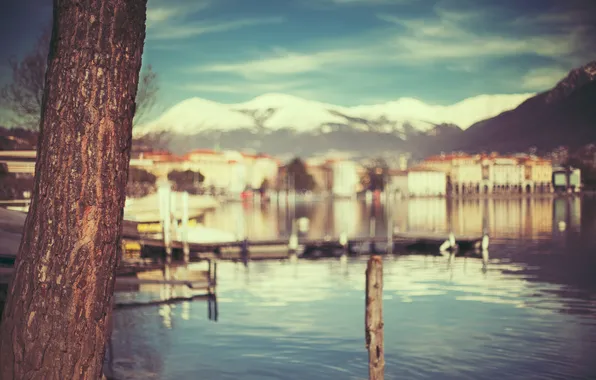 Picture water, macro, mountains, the city, tree, texture, boats, pier