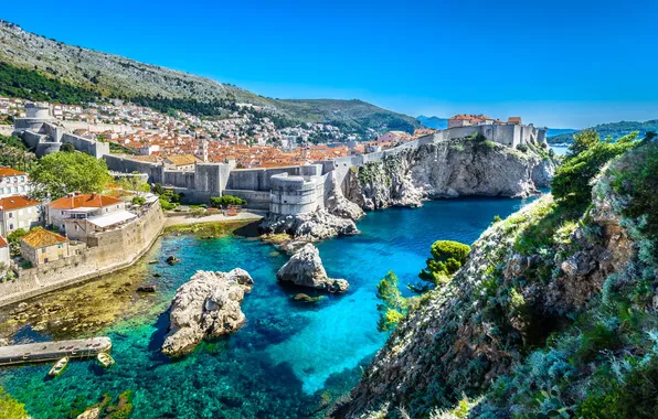 Sea, the city, stones, rocks, home, fortress, Croatia, Adriatica