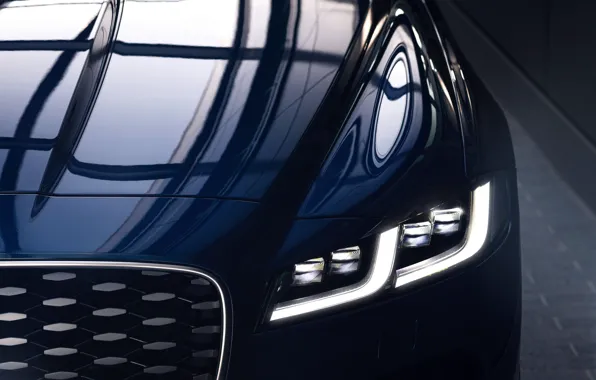 Reflection, Jaguar, headlight, the hood, grille, sedan, Jaguar XF, 2020