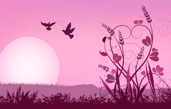 The sun, birds, collage, vector, plants, silhouette