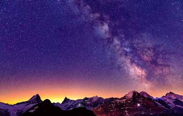 The sky, stars, light, mountains, night, Switzerland, Alps, the milky way