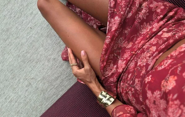 Hand, ring, bracelet, manicure, burgundy dress, tanned legs, slender legs